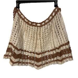 Vintage Crocheted Tan and Brown Striped Scalloped Waist Apron Handmade Retro